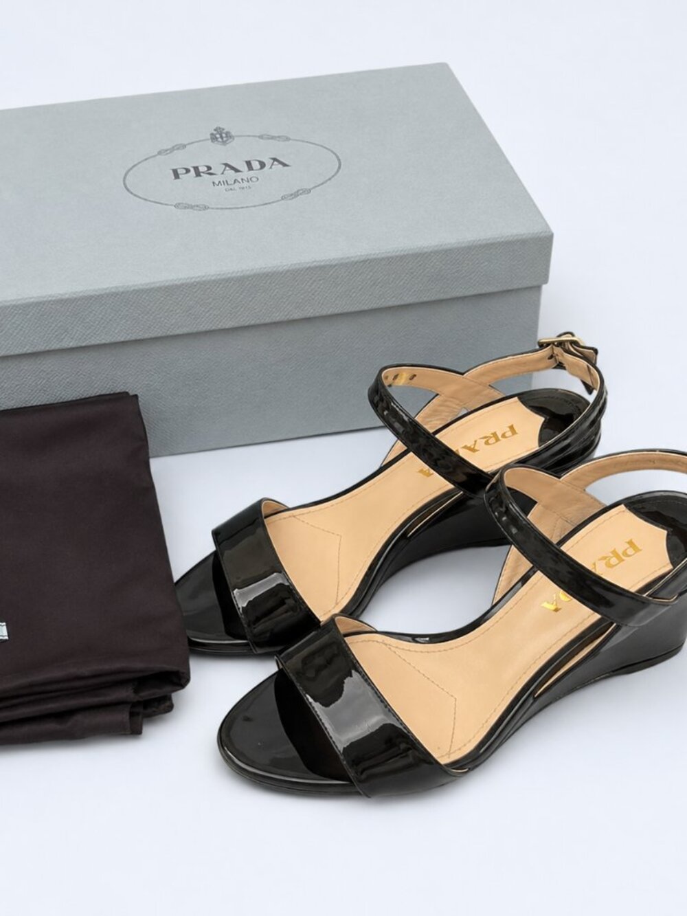 Prada Black Patent Leather Wedge Sandals 38.5 US 8 w/ Box + Dust Bag